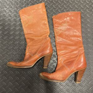 Vintage RARE 1970s Tall Leather Dingo Stacked Heel Boots Embroidered Phoenix 6.5